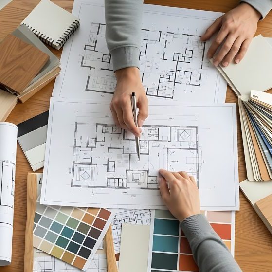 Interior Designer at Work on Home Renovation Project Reviewing Blueprints and Color Palettes for Creating a Stylish Living Space